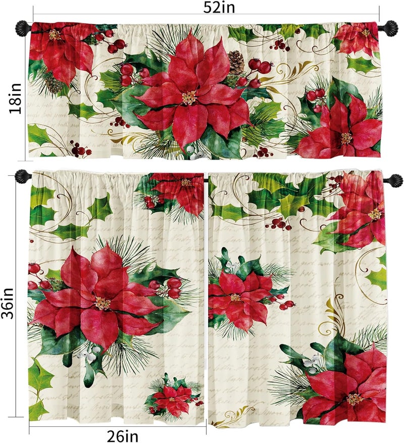 SUNWISHA Poinsettia Christmas Curtain Valances Set, Upper & Lower Curtains,52'' L x 18'' W & 36'' L x 26'' W, Holiday Bedroom Decoration, Kitchen Windows Decor, 3 Piece Set, Red - Image 2